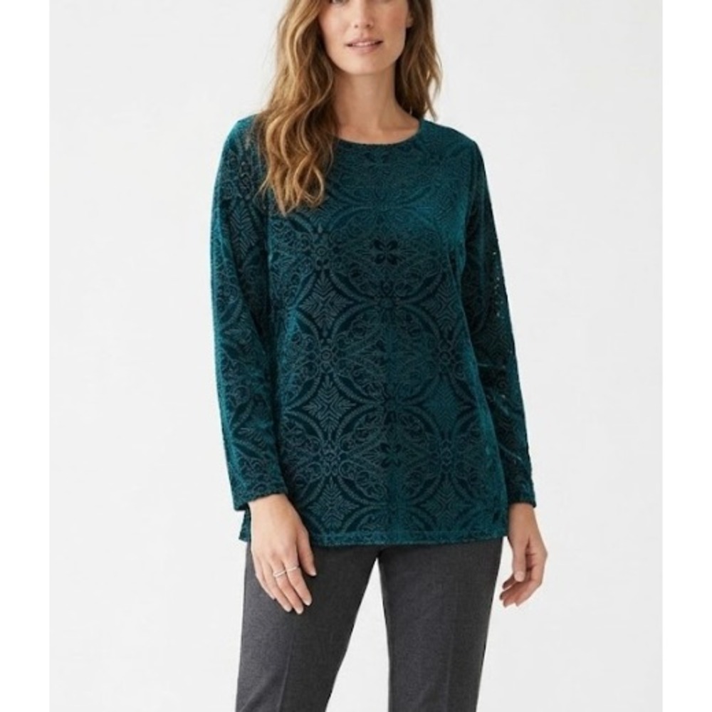 Coldwater Creek Top Large Teal Burnout Velvet Stretch Damask Long Sleeve Holiday
